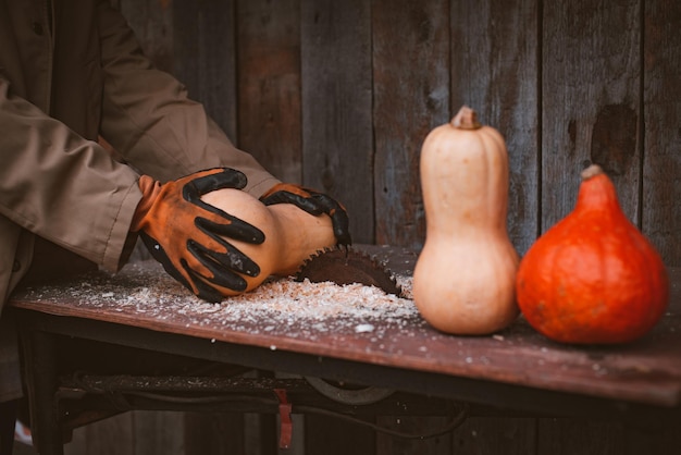 Halloween-Konzept Kürbis wird von einer Sägemaschine in den Händen von Handschuhen Horrorangst geschnitten