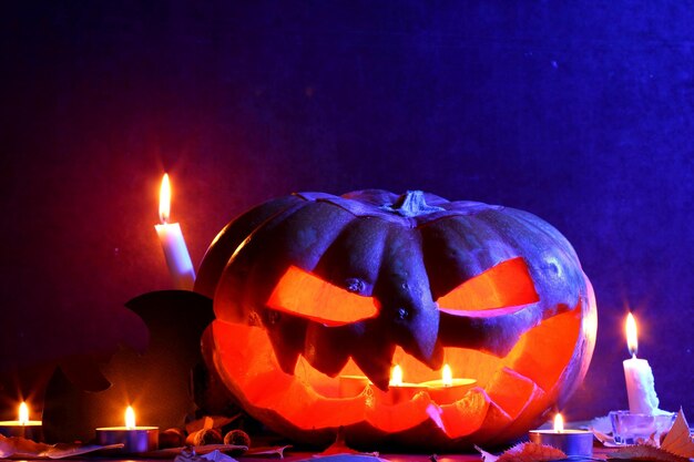 Halloween-Konzept Leuchtende Kürbisfledermaus und Kerzen im dunkelblauen Licht Halloween 