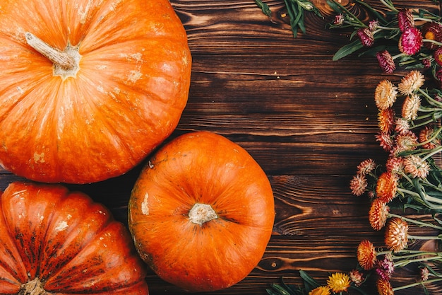 Halloween-Konzept mit frischen Kürbissen und Blumen auf dem Holztisch. Süßes oder Saures Ansicht von oben