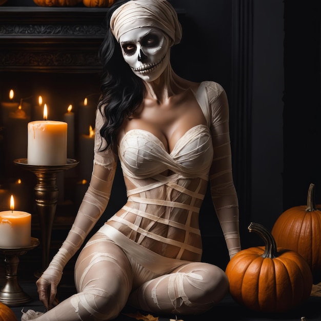 Halloween-Konzept und Kürbis Werbekonzept Sexy Kürbis-Jack-Lantern Trick or Treat Kostüm