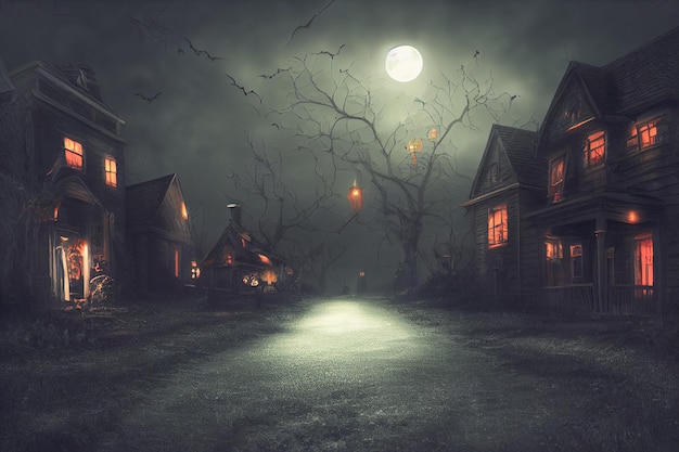 Halloween-Konzepthintergrund des realistischen Horrorhauses und der gruseligen Straße mit Mondlicht