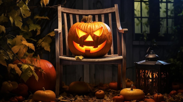 Halloween-Kürbis auf einem Stuhl