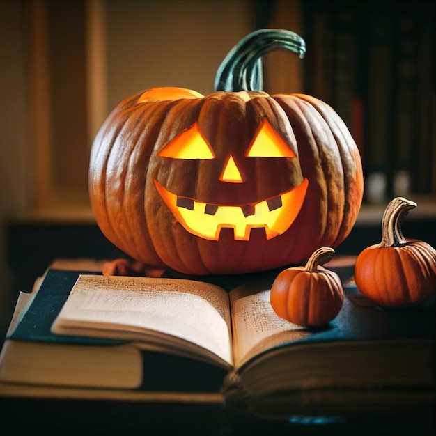 Halloween-Kürbis-Dekorationen. Gruseliger geschnitzter Kürbis und das Buch