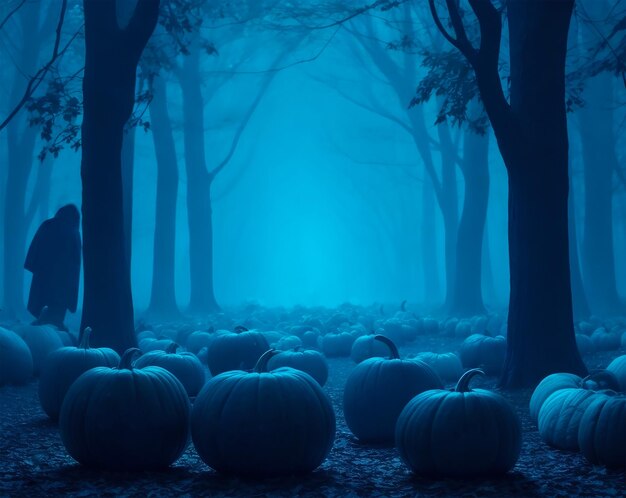 Foto halloween-kürbis im wald mit beängstigender nacht