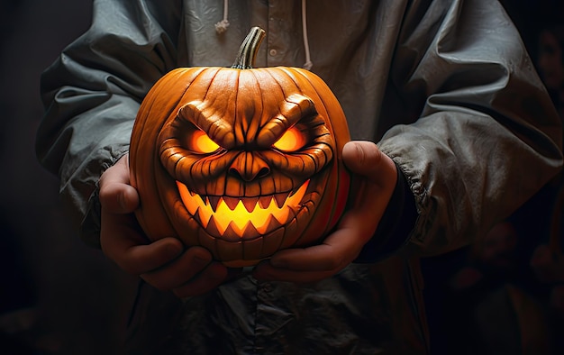 Halloween-Kürbis in den Händen eines Jungen auf einem dunklen Hintergrund