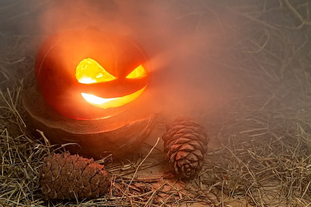 Halloween-Kürbis in Rauch steht im Heu auf einem Holzständer in der Nähe von Waldkegeln