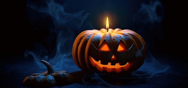 Halloween-Kürbis Jacko'Lantern mit Licht auf schwarzem Hintergrund Generative KI