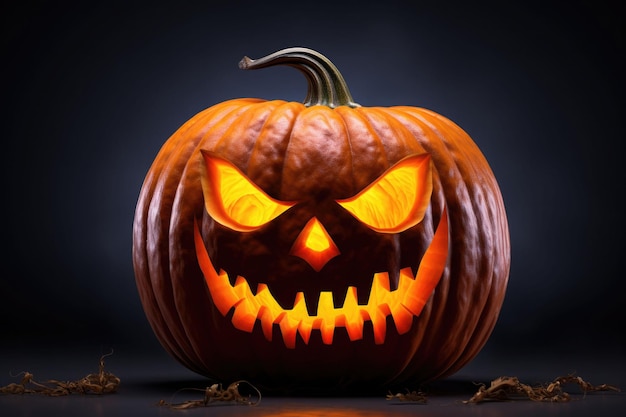 Halloween-Kürbis mit beängstigendem Gesicht auf dunklem Hintergrund, KI-generierte Illustration