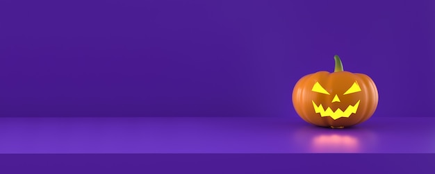 Halloween-Kürbis mit Lichtern auf panoramischem lila Studiohintergrund. 3D-Rendering.