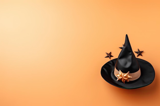 Halloween-Kürbis mit magischem Hut auf beige Hintergrund geschmücktes Banner mit Textraum