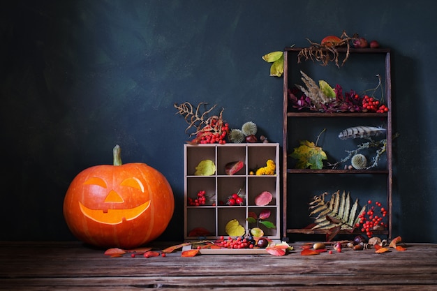 Halloween-Kürbis mit natürlichen Herbstdekorationen auf dunklem Hintergrund