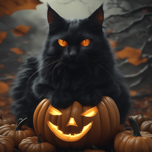 Halloween-Kürbis mit schwarzer Katze, perfekte Komposition, wunderschön, detailliert, wahnsinnig kompliziert