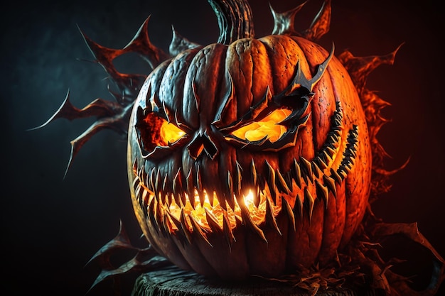 Halloween-Kürbis Schrecklicher Kürbis mit leuchtenden Augen Orangekürbis mit großen scharfen Zähnen