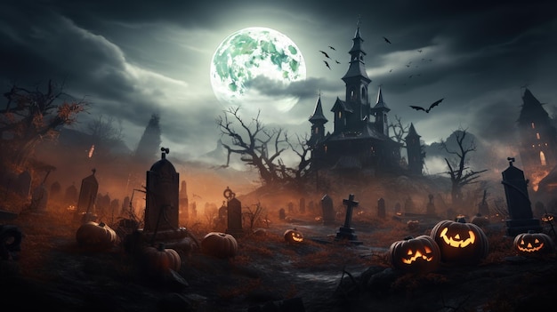 Halloween-Kürbis und dunkles Schloss mit Friedhof, Vollmond, gruselige Nacht, geheimnisvolle Walddunkelheit