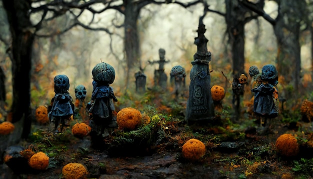 Halloween-Kürbis- und Geisterpuppe, die auf dem Friedhof spazieren geht.