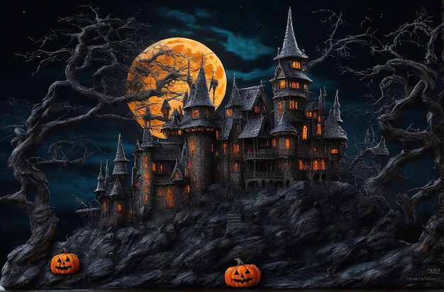 Halloween-Kürbischhaus vor einem von Ai erzeugten Kürbisch