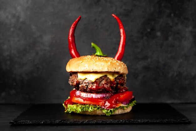 Halloween kürbisförmiger Burger mit roten Pfefferhörnern auf Steinmauer