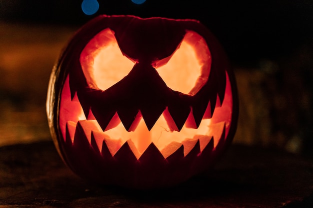 Halloween-Kürbisgesicht mit Kerzenlicht und Feuerlager im Hintergrund Gruselgesicht und Teichfeuer