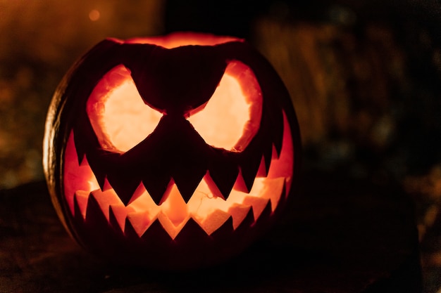 Halloween-Kürbisgesicht mit Kerzenlicht und Feuerlager im Hintergrund Gruselgesicht und Teichfeuer