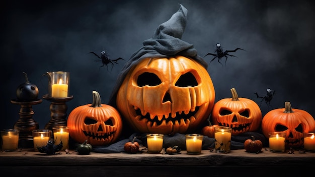 Halloween-Kürbisköpfe, Jack-Lampe auf geisterhaftem Holzhintergrund