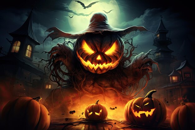 Halloween-Kürbiskopf-Jack-Laterne mit brennenden Kerzen Spooky Forest