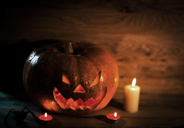 Halloween-Kürbiskopf Jack-Laterne mit Kerzen auf hölzernem Hintergrund