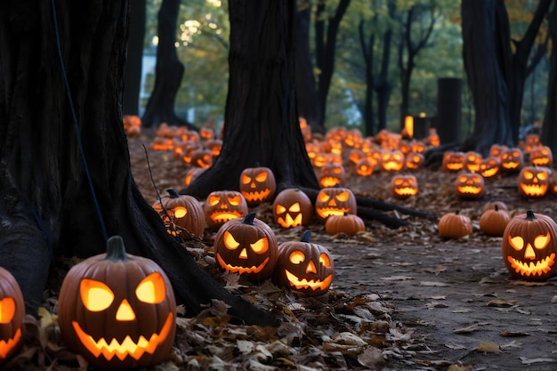 Halloween Kürbiskopf Jack o Laternen in der Nacht im Herbstwald