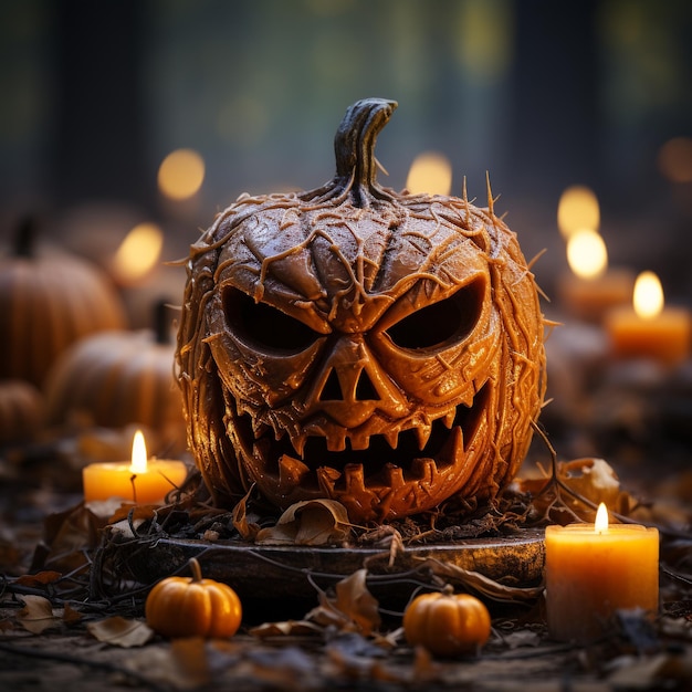 Halloween-Kürbiskopflaterne mit brennenden Kerzen