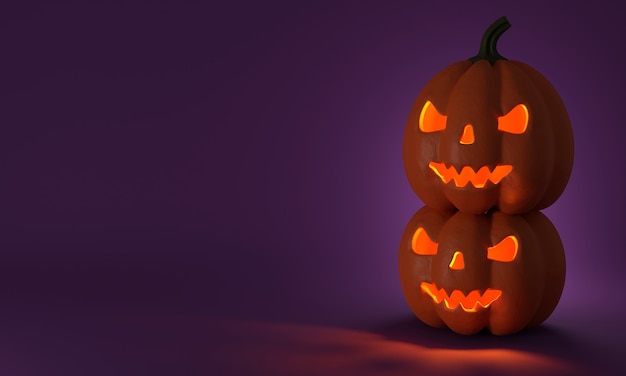 Halloween-Kürbislächeln und beängstigende Augen, die im lila Hintergrund leuchten. Design mit Kopienraum. 3d