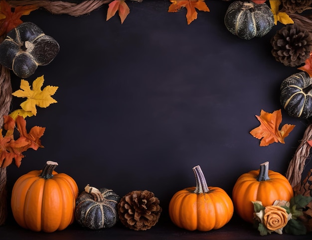 Halloween-Kürbisrahmen Halloween- oder Herbsthintergrund auf der Tafel AI generiert