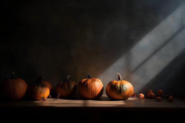 Halloween-Kürbisse auf dem Boden mit Wandkopierraum und Schatten, ai erzeugtes breites Bild