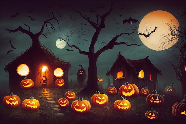 Halloween-Kürbisse auf dem Friedhof auf dem gruseligen Nacht-Halloween-Hintergrundkonzept