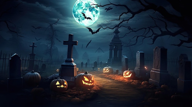 Halloween-Kürbisse auf dem Friedhof in der Nacht