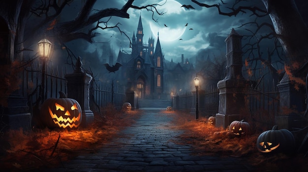 Halloween-Kürbisse auf dem Friedhof in der Nacht.