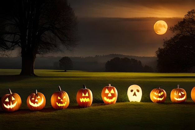 Foto halloween-kürbisse auf einem feld mit dem mond im hintergrund