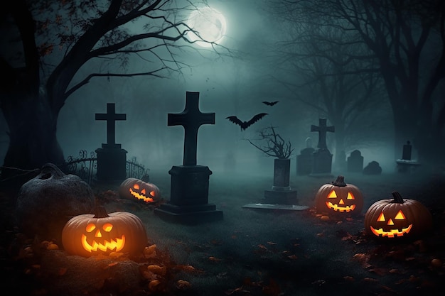 Halloween-Kürbisse auf einem Friedhof im Mondlicht. Jack-O-Laternen auf einem Friedhof in nebliger Nacht