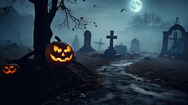 Halloween-Kürbisse auf einem Friedhof mit Vollmond hinter ihnen.