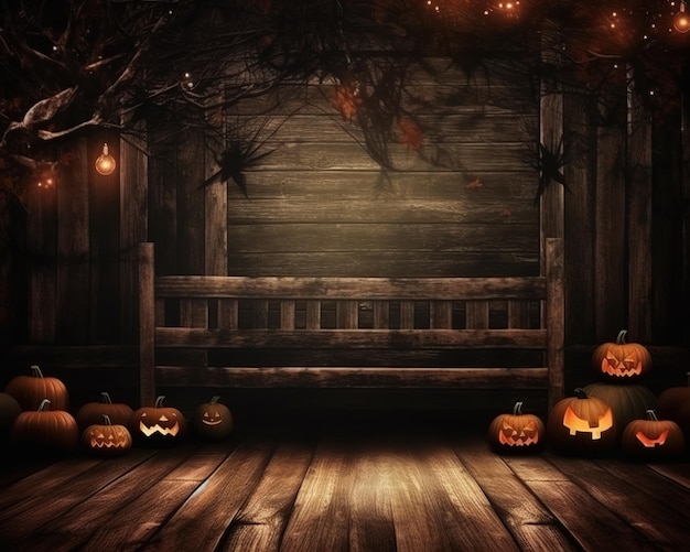 Halloween-Kürbisse auf einem Holzboden mit einer Bank im Hintergrund