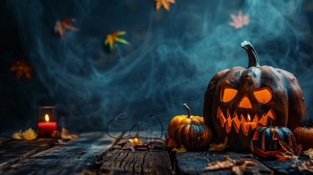 Halloween-Kürbisse auf einem Tisch mit Blättern und einem blauen Hintergrund