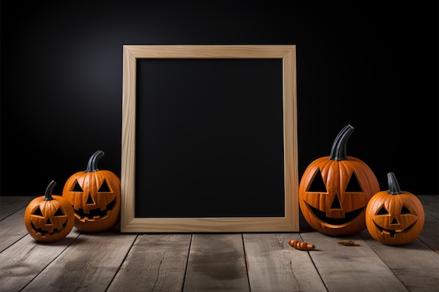 Halloween-Kürbisse auf einer Tafel stehen vor einem schwarzen Holzboden im Hintergrund