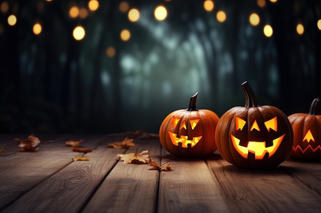 Halloween-Kürbisse auf Holztisch mit Bokeh-Lichtern im Hintergrund