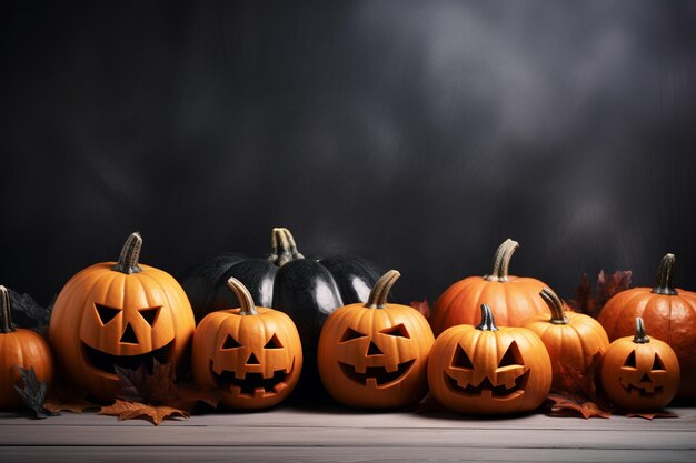 Halloween-Kürbisse auf schwarzem Hintergrund mit Kopierraum für Ihren Text