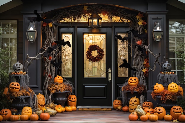 Halloween-Kürbisse dekorierten die Haustür