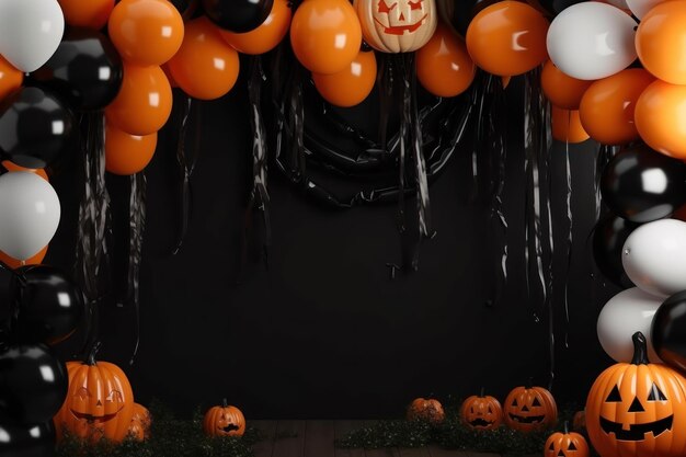 Halloween-Kürbisse hängen an einer Wand mit einem Kürbis darauf.