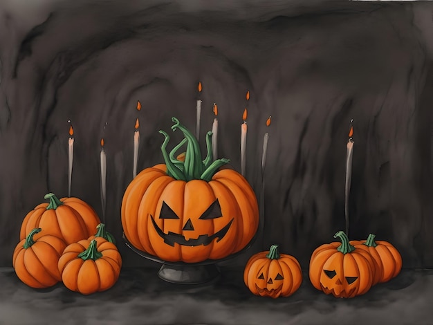 Halloween-Kürbisse im dunklen Raum mit Kerzen Aquarell-Illustration