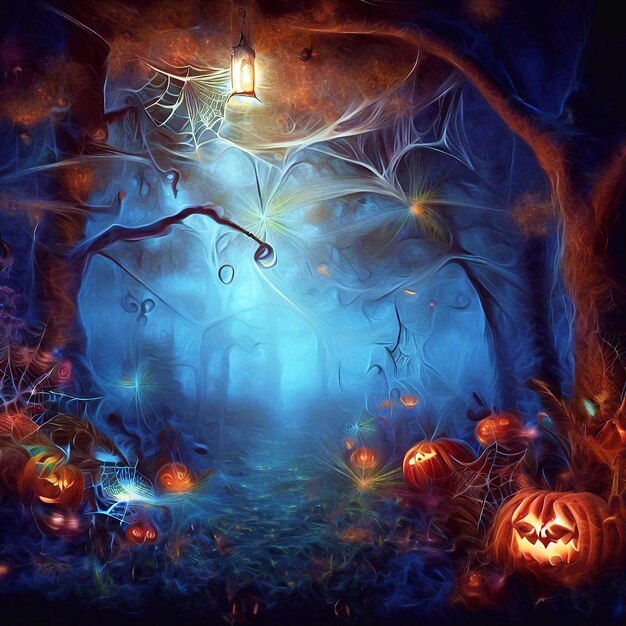Halloween-Kürbisse im gespenstischen Wald Halloween-Hintergrundnacht