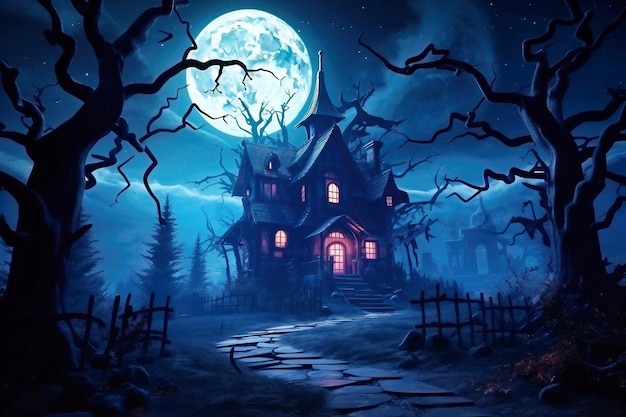 Halloween-Kürbisse in der Nähe eines Baumes auf einem Friedhof mit einem gruseligen Haus. Halloween-Hintergrund im nächtlichen Wald mit Mond und Fledermäusen