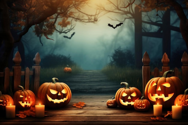 Halloween-Kürbisse in der Nähe eines Baumes auf einem Friedhof mit einem gruseligen Haus Halloween-Hintergrund in der Nacht Wald mit Mond und Fledermäusen