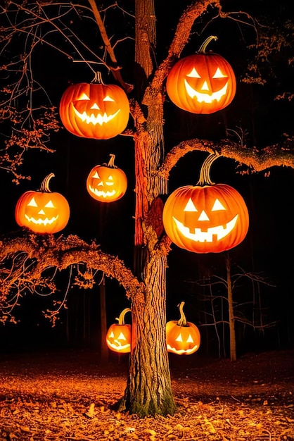 Foto halloween-kürbisse in einem baum mit einem in der mitte geschnitzten kürbiss