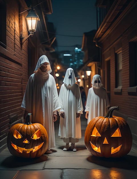 Halloween-Kürbisse in einer dunklen Gasse mit ein paar Kürbissen darauf